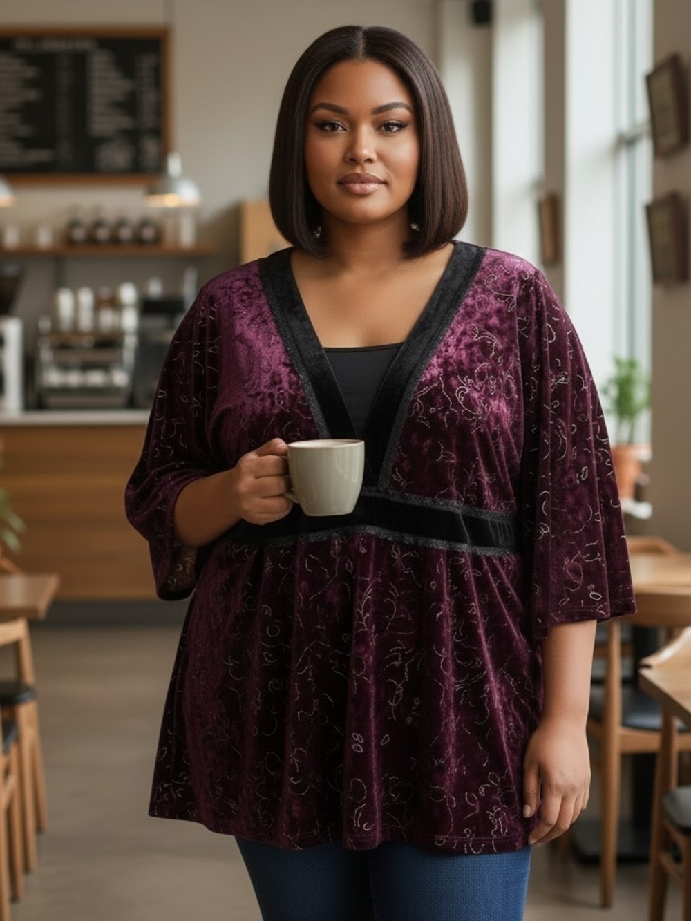 Notations Plum Velvet V-Neck Tunic with Black Trim